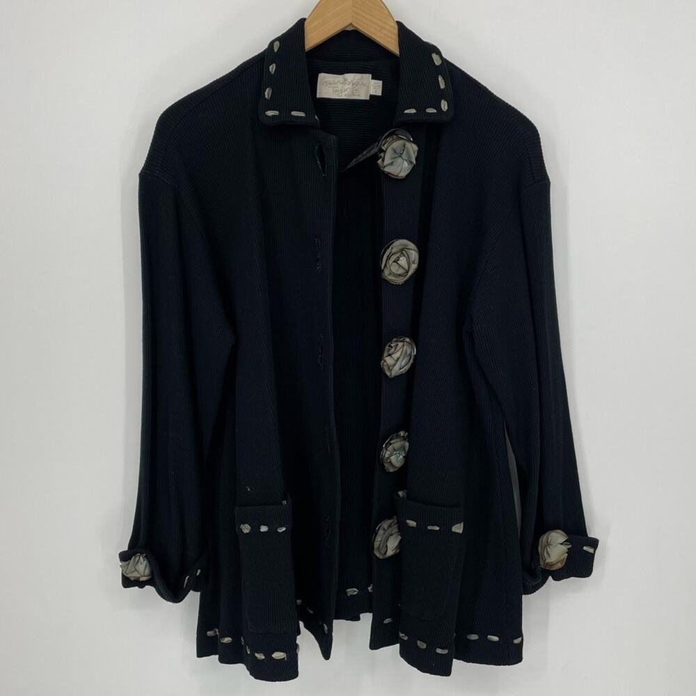 Taylor G Black Waffle Knit Floral Cardigan Sweater Unique Size Small